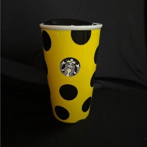 Starbucks Coffee 2015 12oz Yellow Black Polka Dot Ceramic Travel Tumbler Mug NEW
